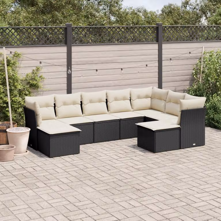 Set di divani da giardino vidaXL 9 pezzi a forma di U con cuscini bianchi e struttura in rattan e metallo nero