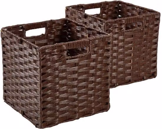 Ibenzoa® Set da 2 contenitori pieghevoli in PP effetto rattan, dimensioni 28x28x28 cm, con struttura in metallo – salvaspazio, facili da pulire, ideali per giocattoli e abbigliamento