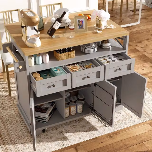 Isola da Cucina Moderna ¨C Minimal ¨C grigio effetto legno, 118x43-80x98cm, con ruote, scomparti regolabili