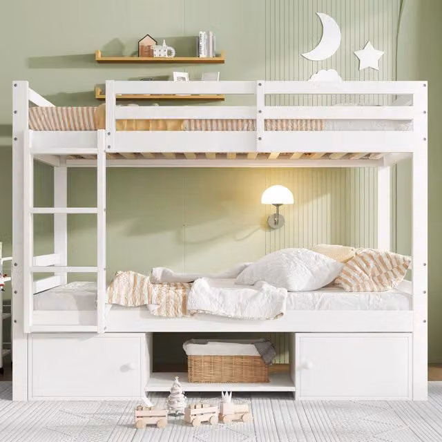 Letto a castello per bambini 90 × 200 cm divisibile in 2 letti singoli con mensole e scarpiera, senza materasso, bianco