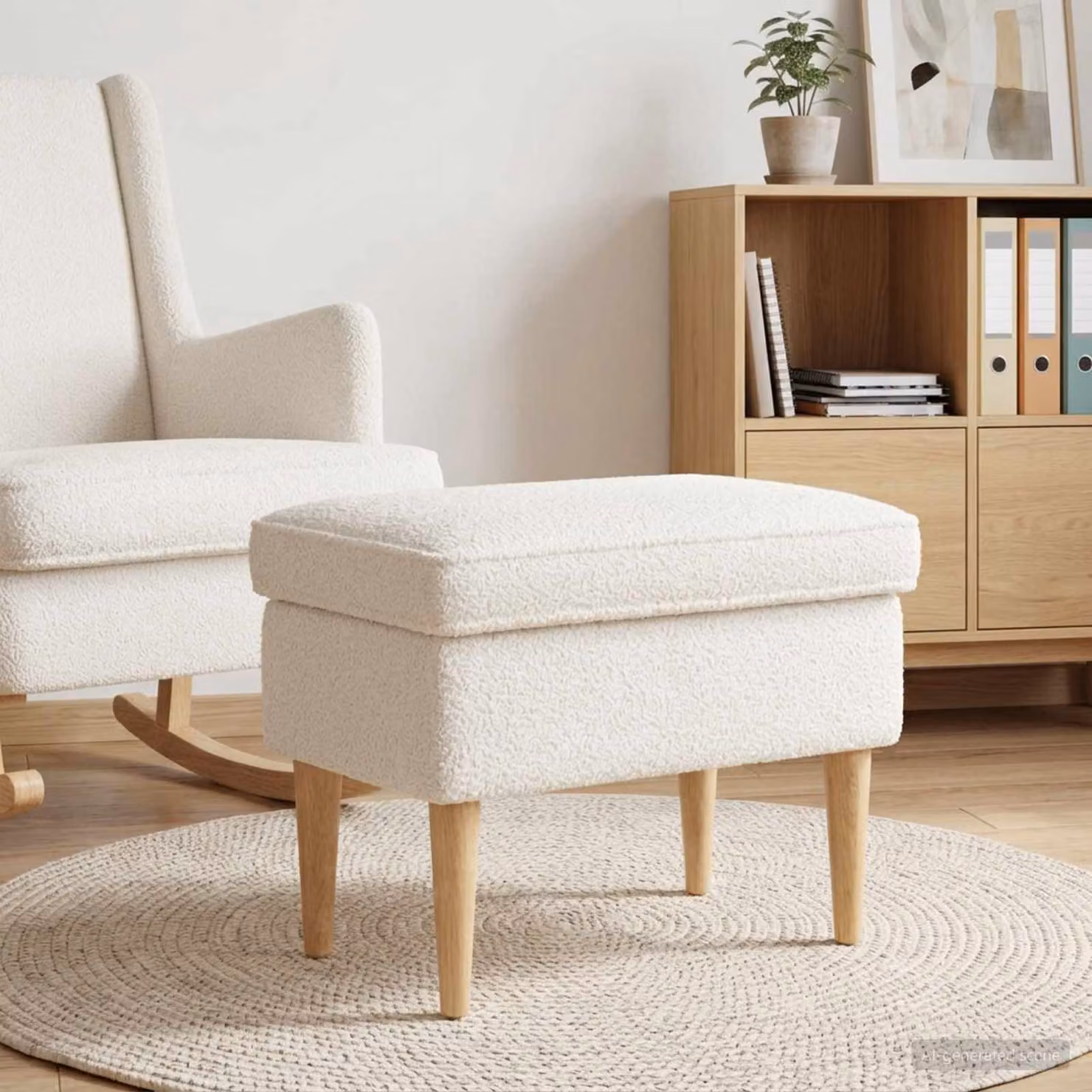 Poggiapiedi vidaXL in tessuto bouclé beige con struttura in legno, L 55 x P 35 x H 41 cm