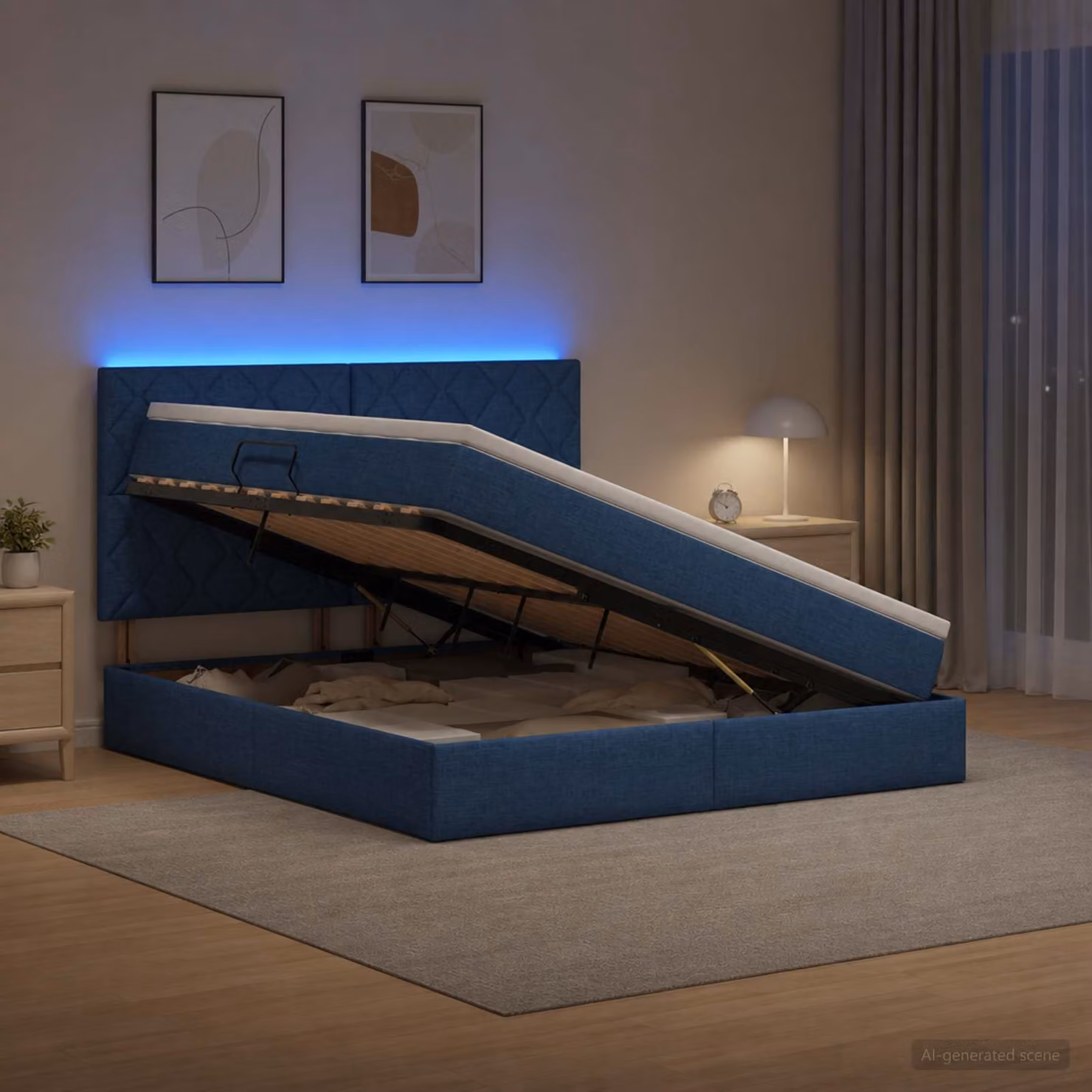 Letto con contenitore vidaXL Blu con illuminazione LED e porta USB, L/P/H: 180 x 200 x 140 cm