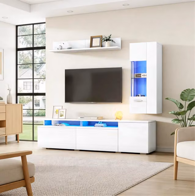 Parete TV modulare con vetrina; mensola e LED; 180x40x45 cm; MDF; bianco lucido