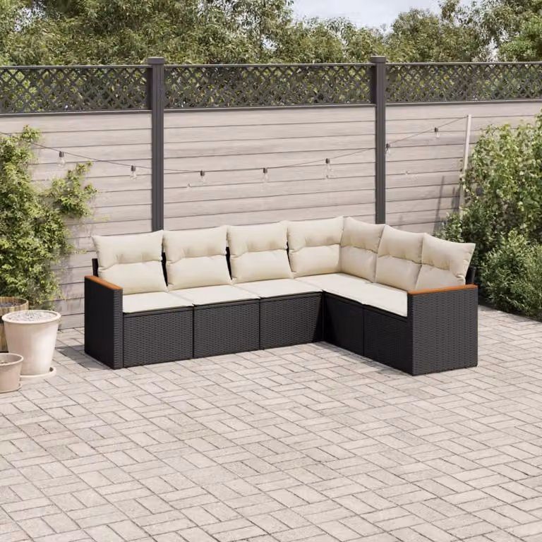 Set Divano da Giardino a L vidaXL 6 pz con Cuscini in Polyrattan e Struttura in Acciaio Nero