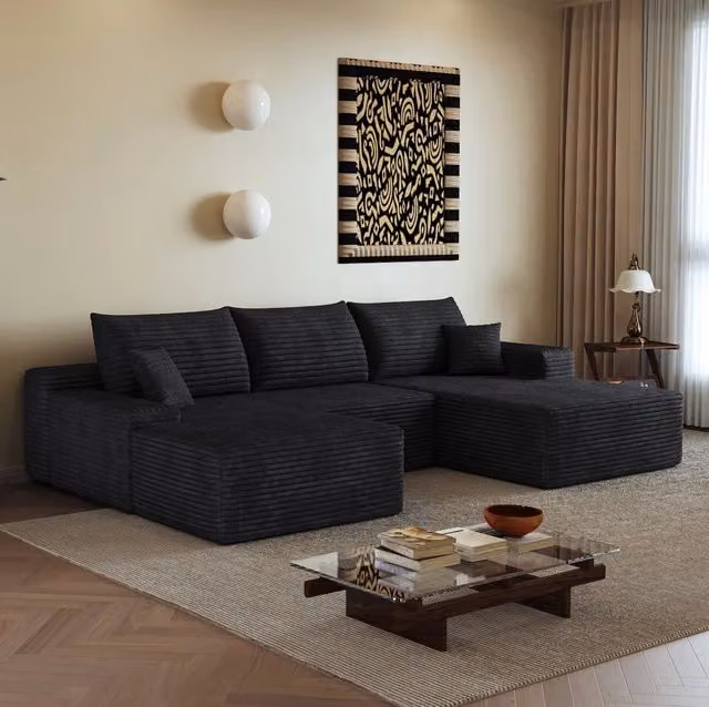 Divano angolare in tessuto a coste nero, 270 x 175 x 83 cm, imbottitura in schiuma