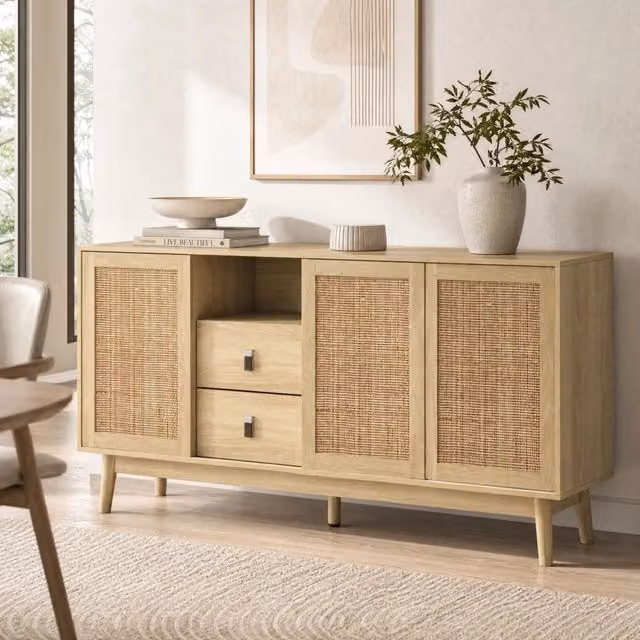 Sideboard 155x38x80 cm con 3 ante scorrevoli in rattan naturale e 2 cassetti; colore legno