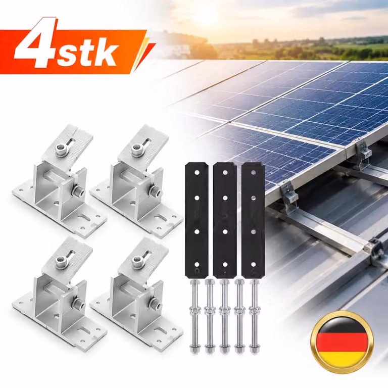 Supporto regolabile per pannelli solari in alluminio, inclinazione da 10 a 60°, composto da 4 elementi, per installazione su tetti piani, adatto per impianti fotovoltaici