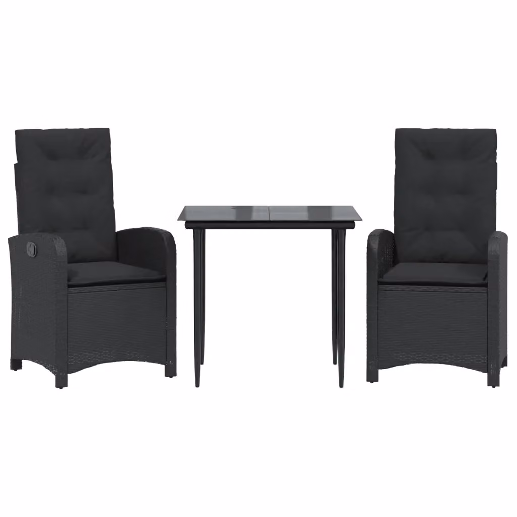 Set da Pranzo da Giardino 3 pz vidaXL in Polyrattan Nero con Cuscini e Tavolo in Vetro – 2