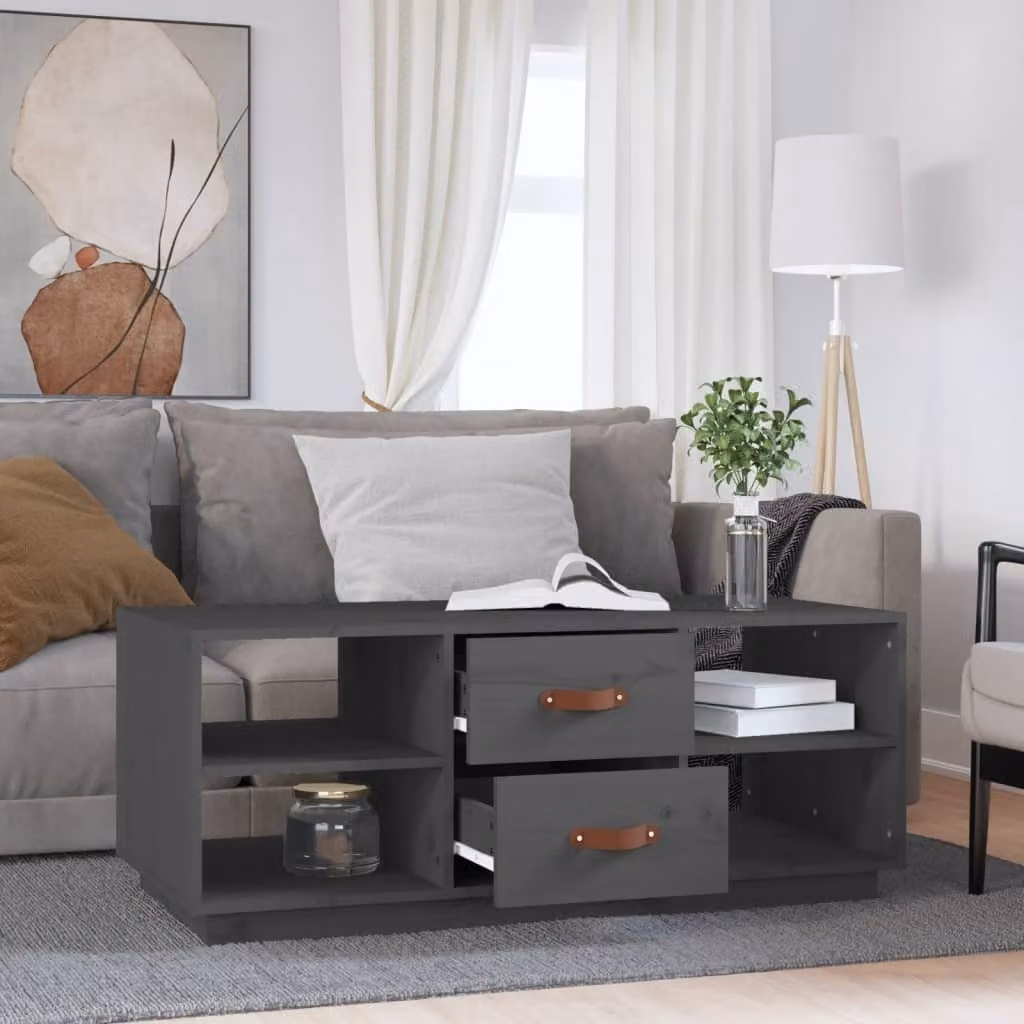 The Living Store Tavolino grigio 100x50x41 cm in legno di pino massiccio