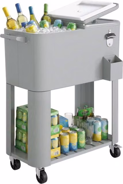 Frigo Portatile 76L con Ruote, Ripiano e Apribottiglie, in Plastica, Metallo e Acciaio, 92x39x81 cm, Argento