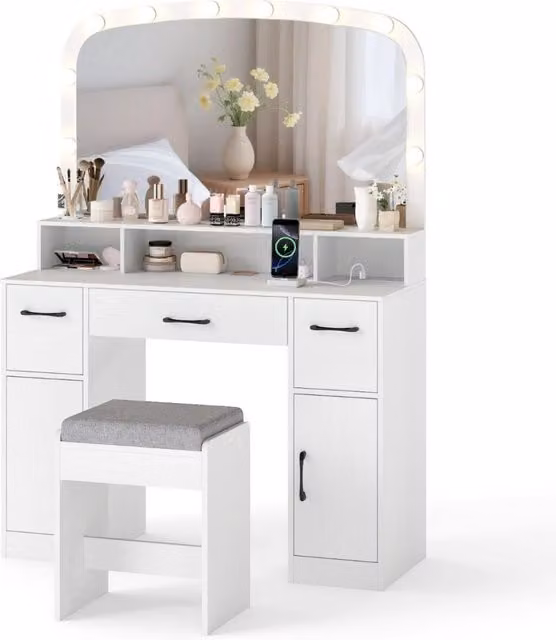 Toeletta Trucco 108cm con Specchio LED e Sgabello, Postazione Make-Up con Stazione di Ricarica, 3 Cassetti e 3 Luci, Mobile Bianco