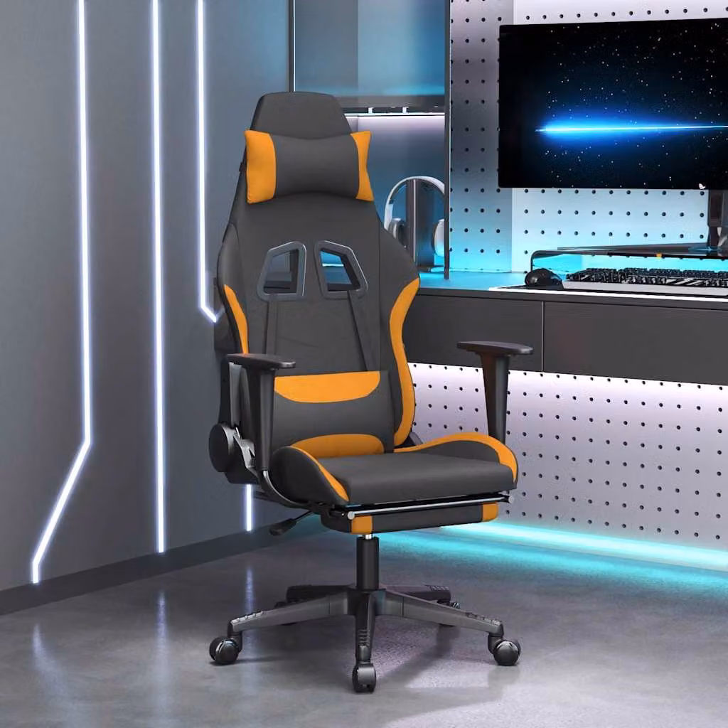 Sedia da Gaming vidaXL con Poggiapiedi, Tessuto, Nero e Arancione, Regolabile e Ruote