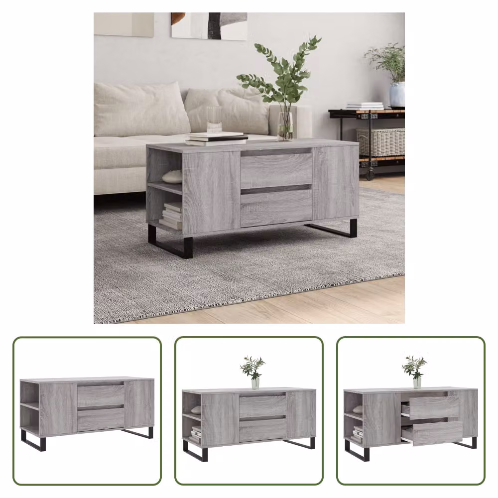 The Living Store Tavolino Grey Sonoma 102x44,5x50 cm Materiale a base di legno
