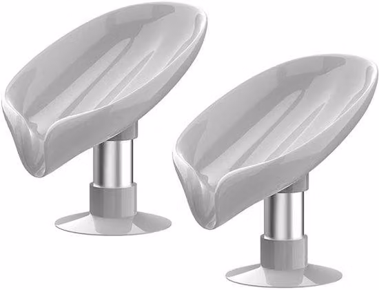 Ibenzoa® Portasapone e spugne a forma di foglia, set da 2, colore grigio – Ventosa adesiva senza fori, adatta per bagno e cucina, realizzata in ABS e alluminio, con scarico a 45°, facile da montare in soli 10 secondi.