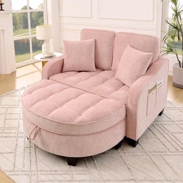 Divano letto 2 in 1 con pouf contenitore; 132x129x93 cm; in eucalipto; rosa
