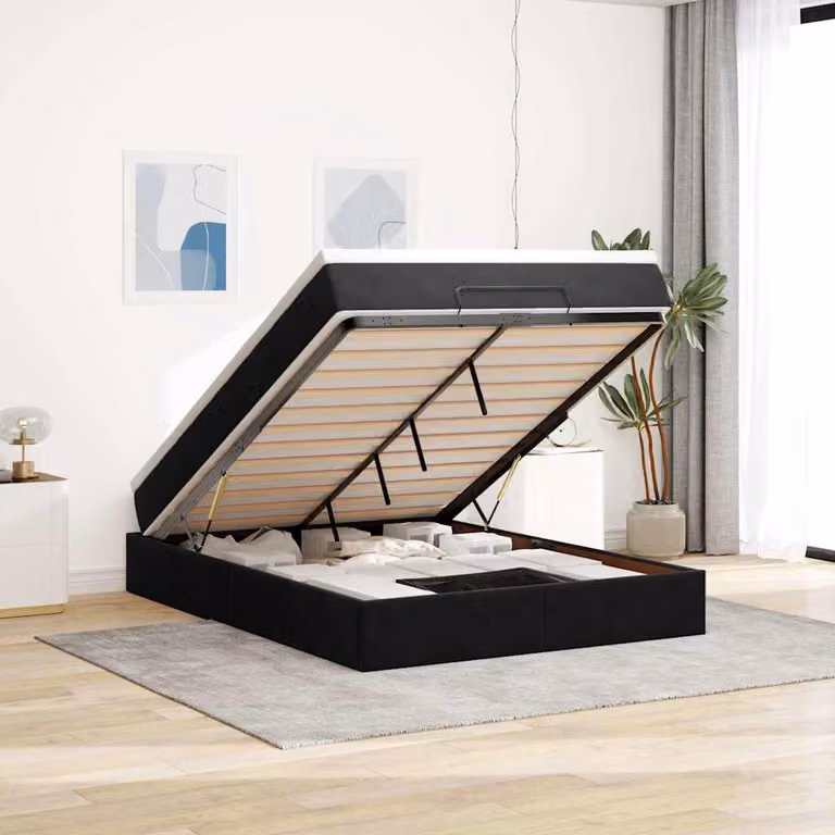 vidaXL Struttura Letto con Contenitore a Sollevamento e Materasso in Velluto Nero L: 140 cm, P: 190 cm, H: 28 cm