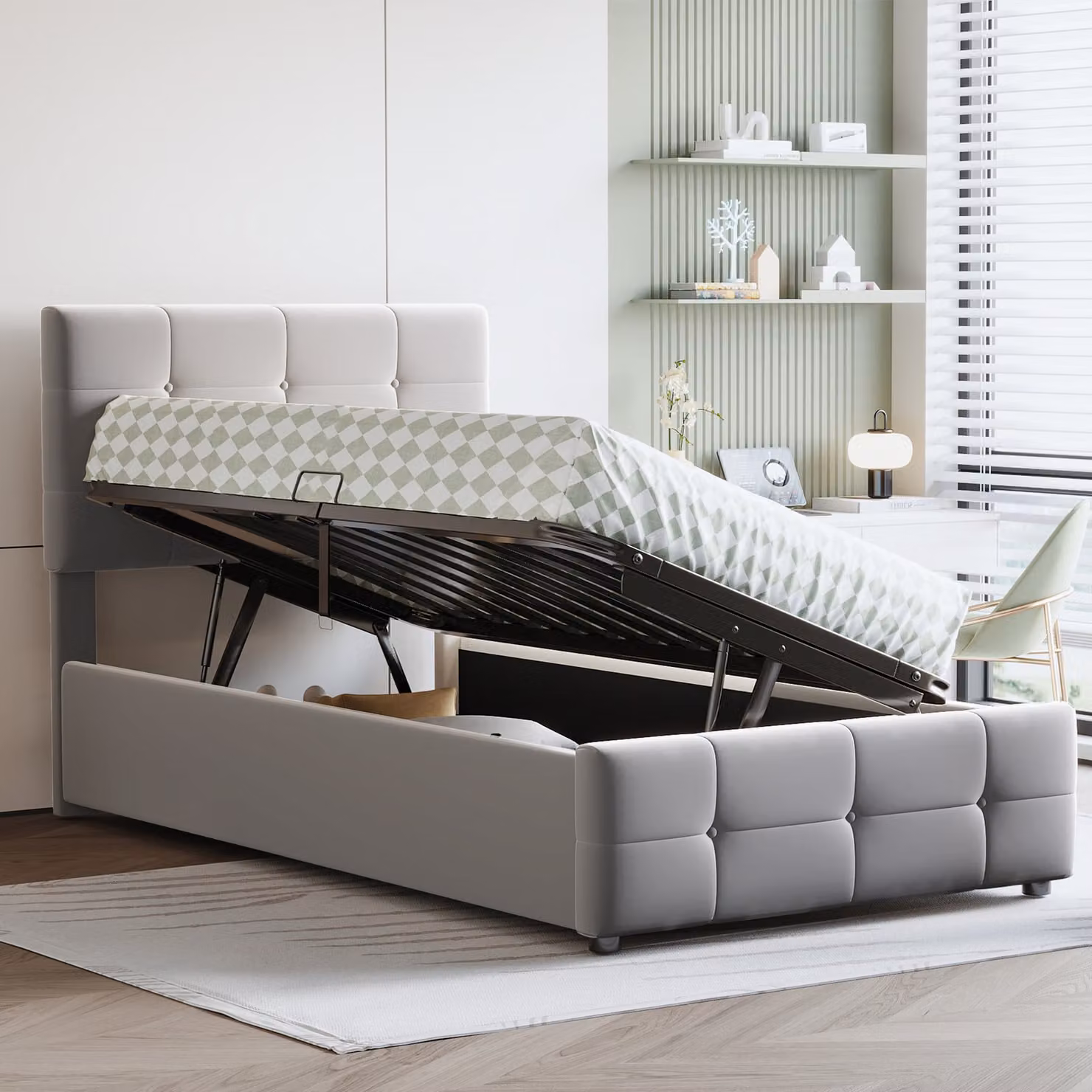 STILVORA Letto imbottito 90x200 Letto singolo Letto a scomparsa Letto per ragazzi con vano contenitore idraulico, senza materasso, letto a cassettone rivestito in velluto delicato sulla pelle, grigio