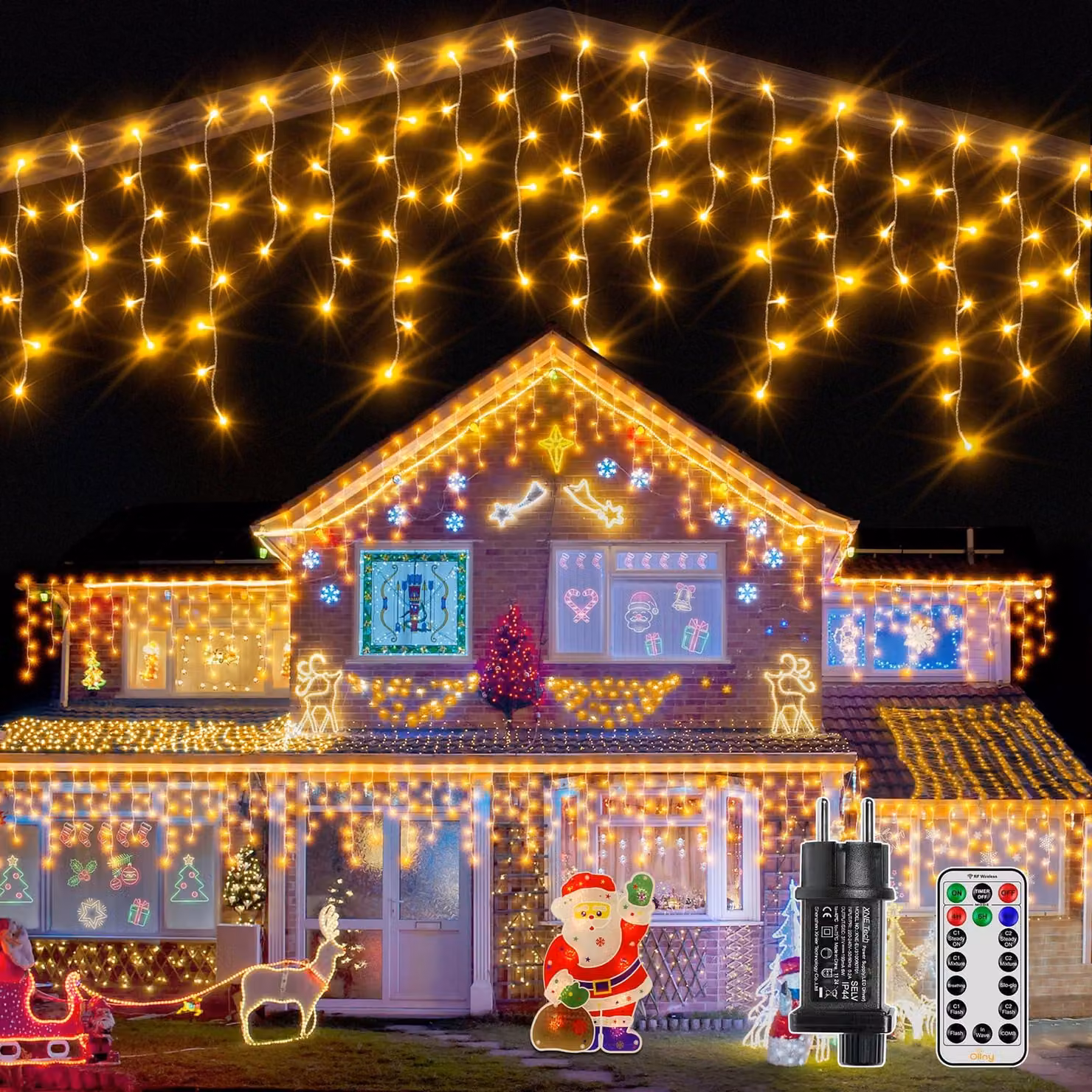 Catena luminosa a LED a forma di fiocchi di neve, lunghezza 15 metri, 600 LED, luce bianco caldo, con timer, 8 modalità