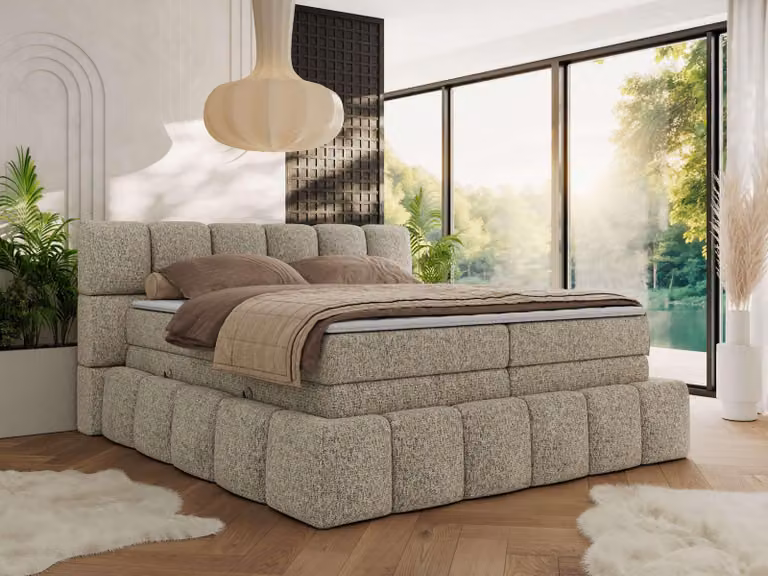 MKS MEBLE letto a molle insacchettate 160 x 200 con cassetto NIRA KING, letto imbottito 7 zone materasso multitasche e topper, letto matrimoniale - struttura beige scuro - H3