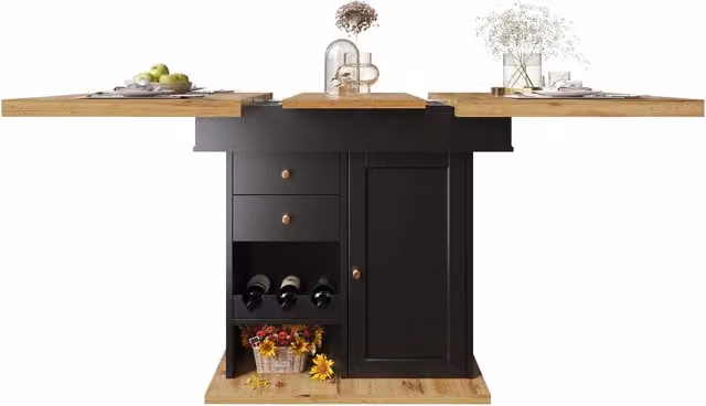Tavolo da pranzo estensibile 110-140x80x75 cm in MDF nero e naturale con contenitore