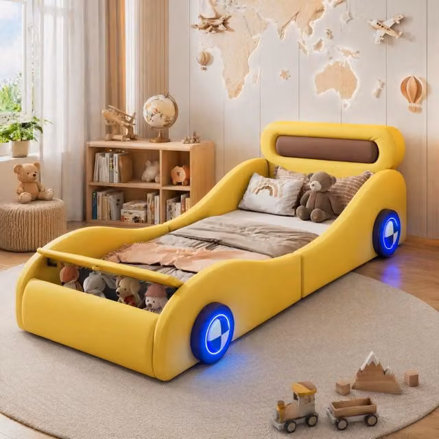 Letto singolo a forma di auto 90x200 cm in PU giallo con luci LED e vano contenitore
