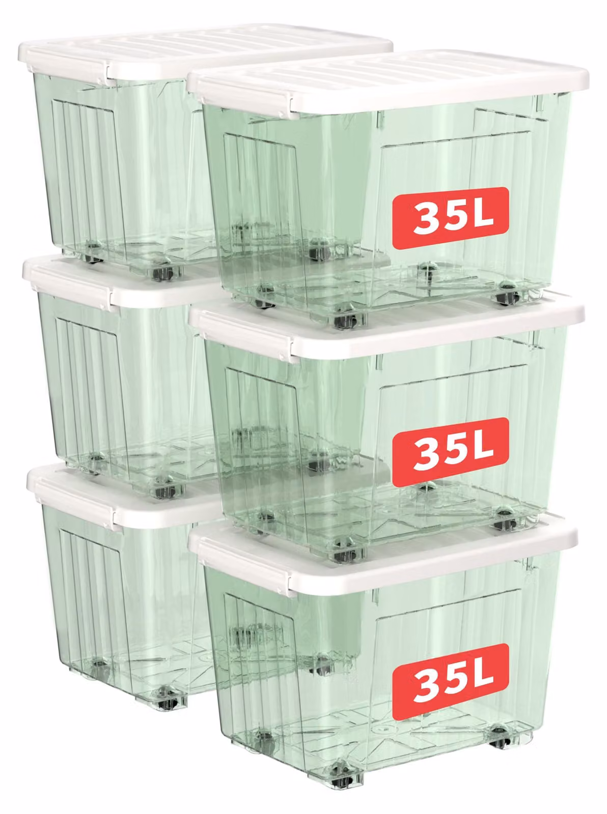 Contenitori Cetomo da 35 litri, confezione da 6, contenitori in plastica rinforzati con scanalature, dotati di ruote
