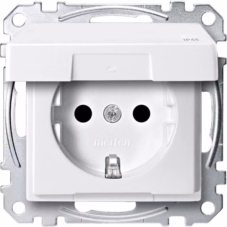 Presa SCHUKO con coperchio ribaltabile, IP44, BRS, coperchio a vite con meccanismo di sollevamento, bianco polare, Sistema M