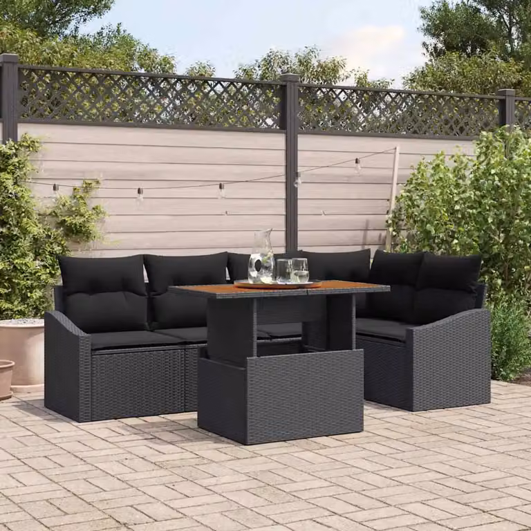 Set Divano da Giardino vidaXL 6 Pezzi a Forma di L con Tavolino e Contenitore Nero in Rattan e Metallo