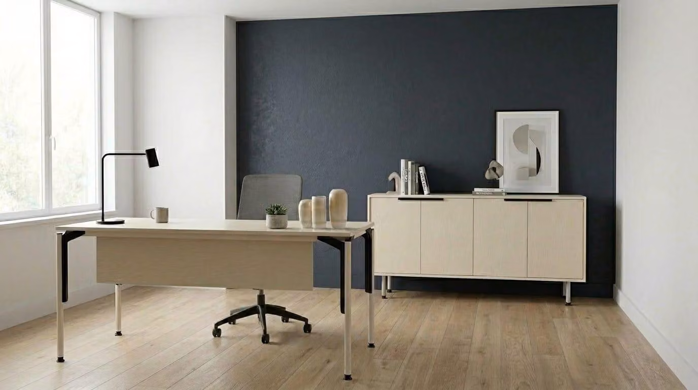 Set di mobili da ufficio moderni, bianchi, in legno: scrivania, mobile contenitore