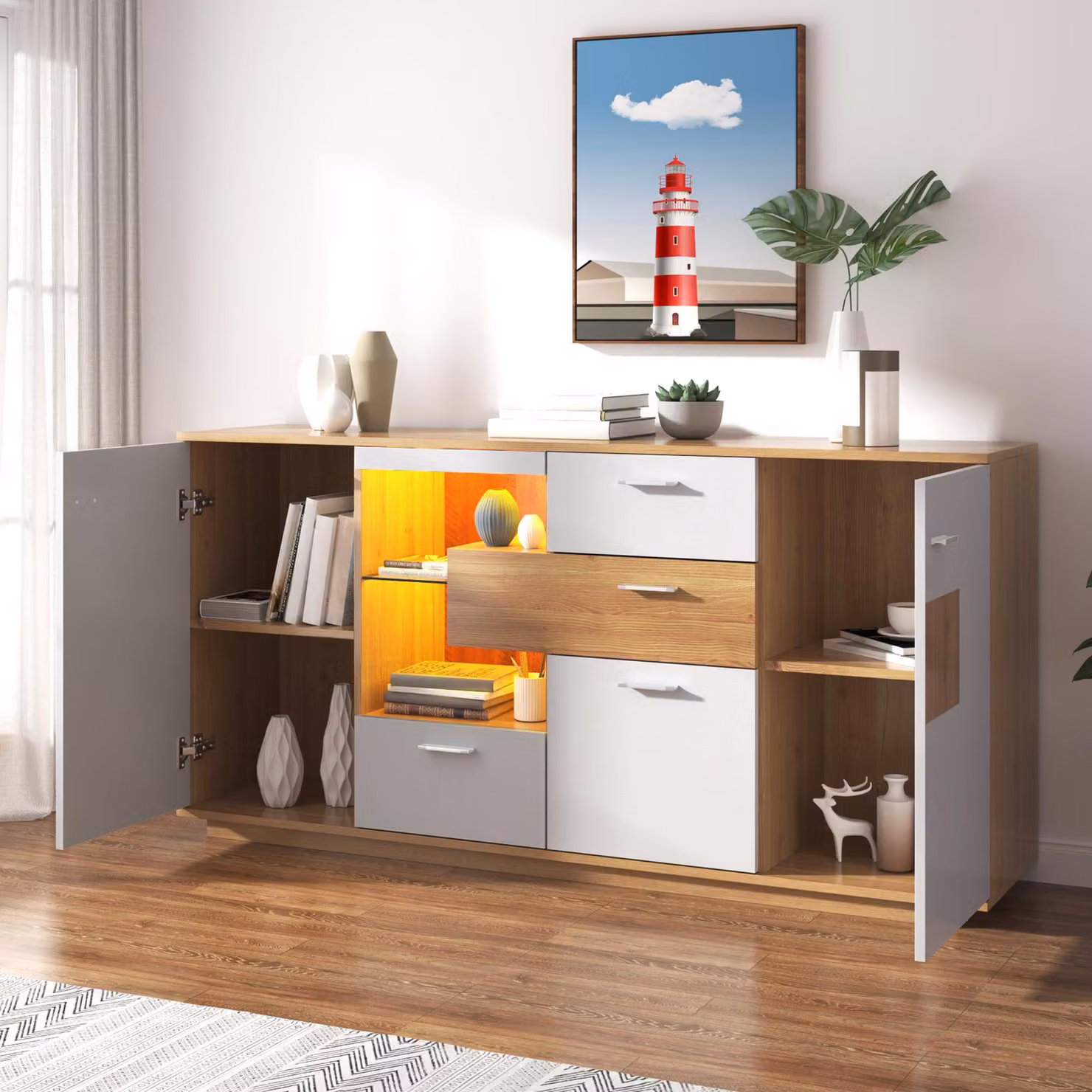 Credenza STILVORA con illuminazione a LED, mobile laterale con 2 ante e 4 cassetti, mobile da corridoio in MDF con ripiano in vetro, natura