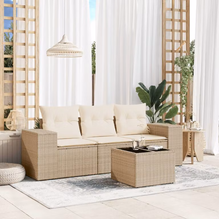 vidaXL Set Divano da Giardino 4 pz in Polyrattan con Cuscini Beige e Tavolino da Esterno