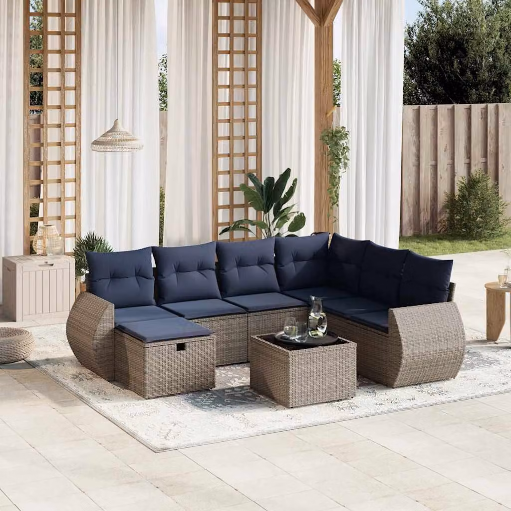Set Divani da Giardino vidaXL 8 Pezzi in Polyrattan Grigio con Cuscini e Tavolino