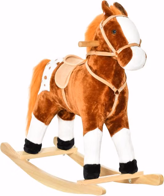 Cavallo a dondolo in legno HOMCOM con suoni degli animali, colore marrone, L: 74 cm, P: 28 cm, H: 65 cm