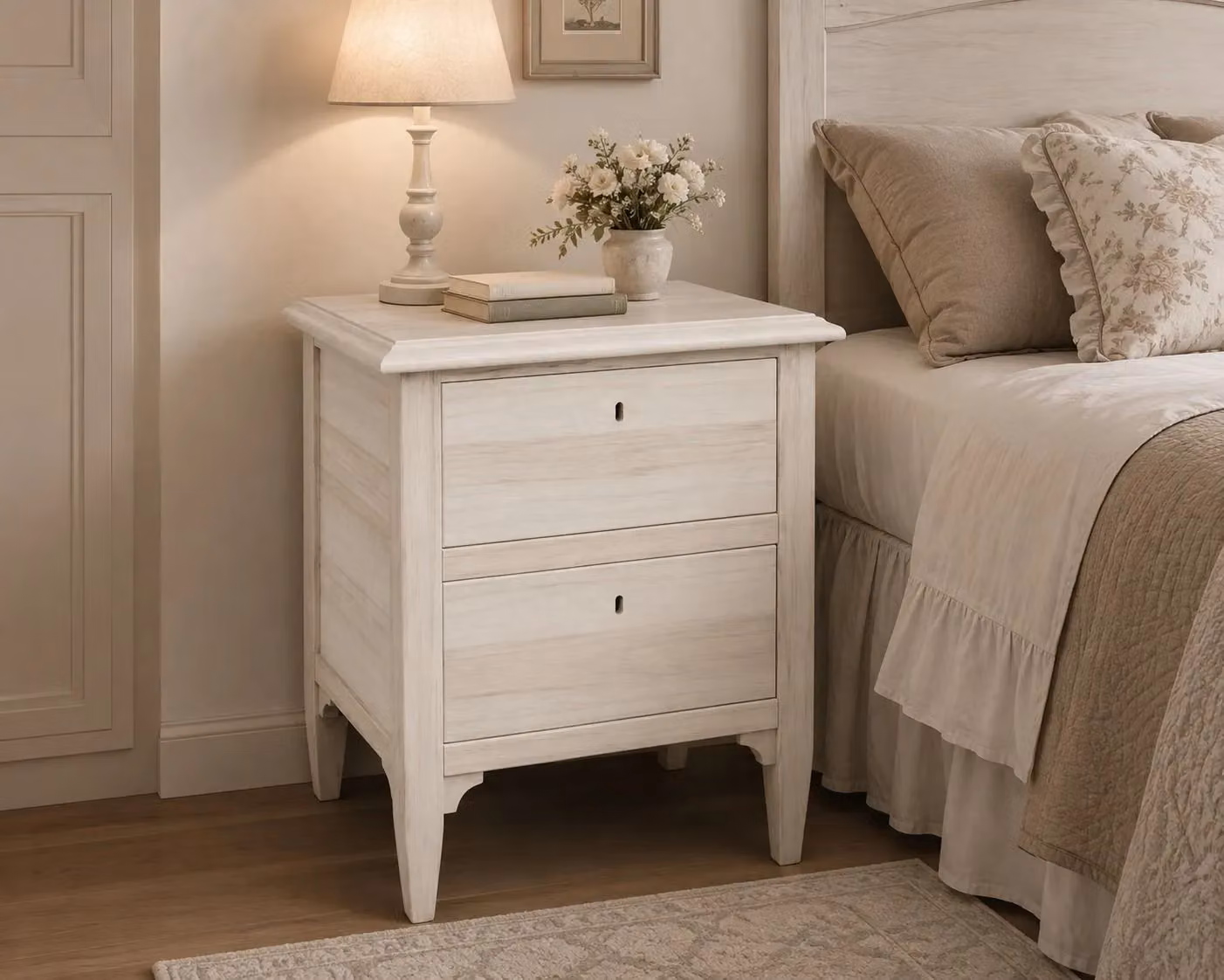 Comodino classico con 2 cassetti in legno di pioppo non trattato Mobili 2G L: 51 cm, P: 37 cm, H: 65 cm – 2