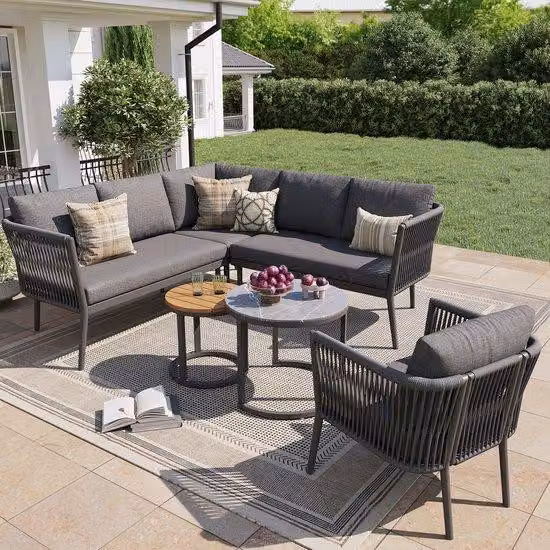 Set da giardino per 5-6 persone, ampio set da esterno, set da 6 pezzi in rattan PE con panca impermeabile e set di cuscini, set angolare modulare per terrazza o balcone, grigio