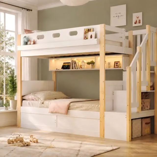 Letto a castello 90x200 cm in pino con vano idraulico, scala contenitore e LED