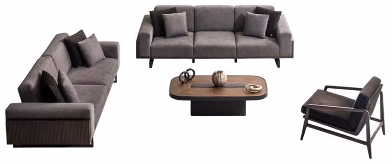Elegante Graue Wohnzimmer Garnitur 3-Sitzer Relax Sessel Couchtisch