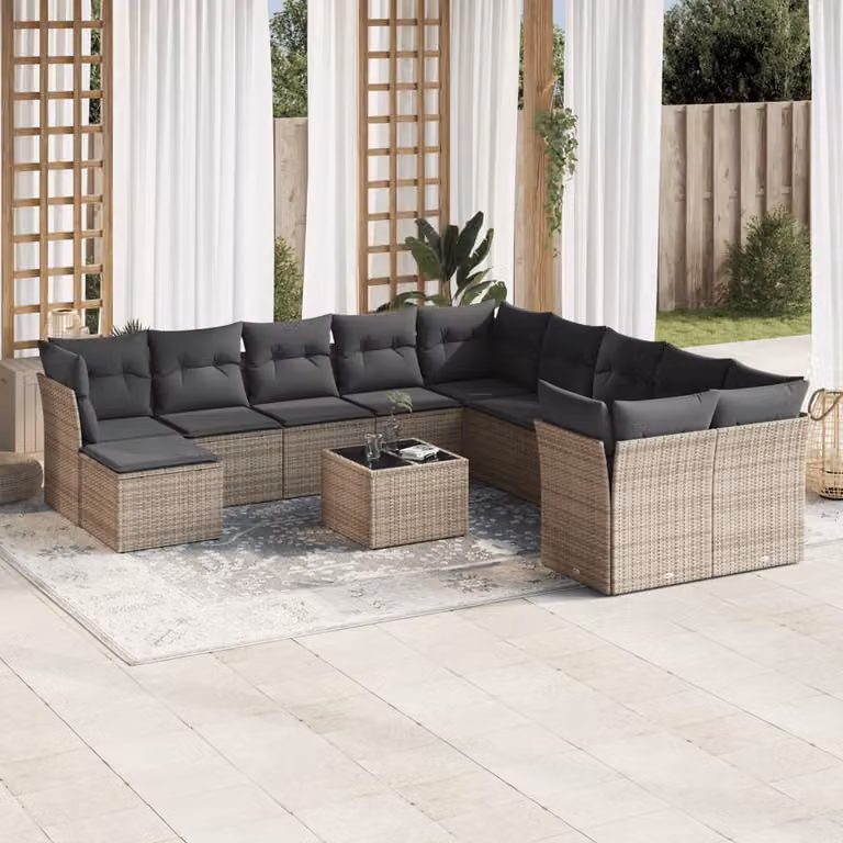 vidaXL Set Divani da Giardino a Forma di U in Polyrattan Grigio con Cuscini e Tavolino