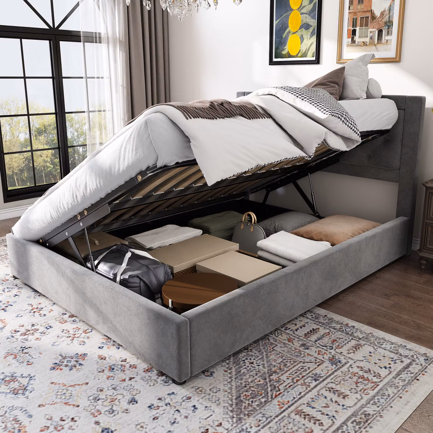 Letto imbottito Flieks 140x200cm con contenitore, letto a molle idrauliche con rete a doghe, letto matrimoniale giovanile, velluto, grigio