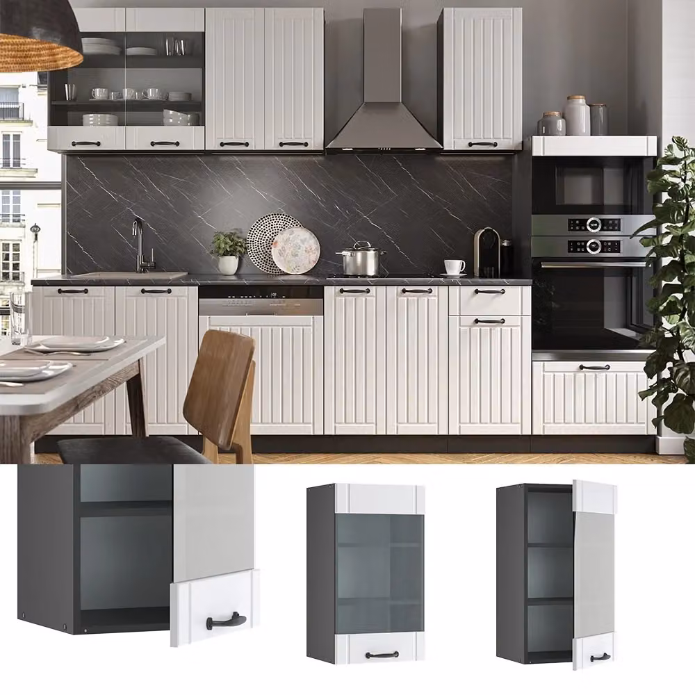 Pensile da cucina Vicco Fame-Line Bianco rustico e Antracite con ante in vetro e ripiani interni L/P/H: 40 x 34,1 x 72 cm – 2