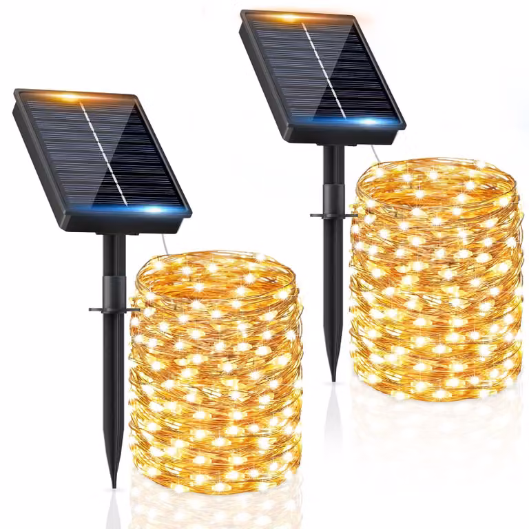 Catena luminosa solare, confezione da 2, lunghezza totale 16+2 metri, 160 LED, luce bianca calda, grado di protezione IP65