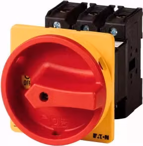 Interruttore generale Eaton, P3, 63 A, montaggio intermedio, a 3 poli, 1 contatto di chiusura, 1 contatto di apertura, funzione di arresto di emergenza, con manopola rossa e anello di bloccaggio giallo, chiudibile a chiave, codice 0-S 024637