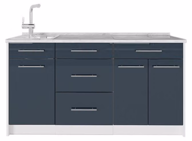Cucine componibili piccole Vicco Fame-Line Blu scuro lucido/Bianco 150 cm, PL Marmo, Model 65327