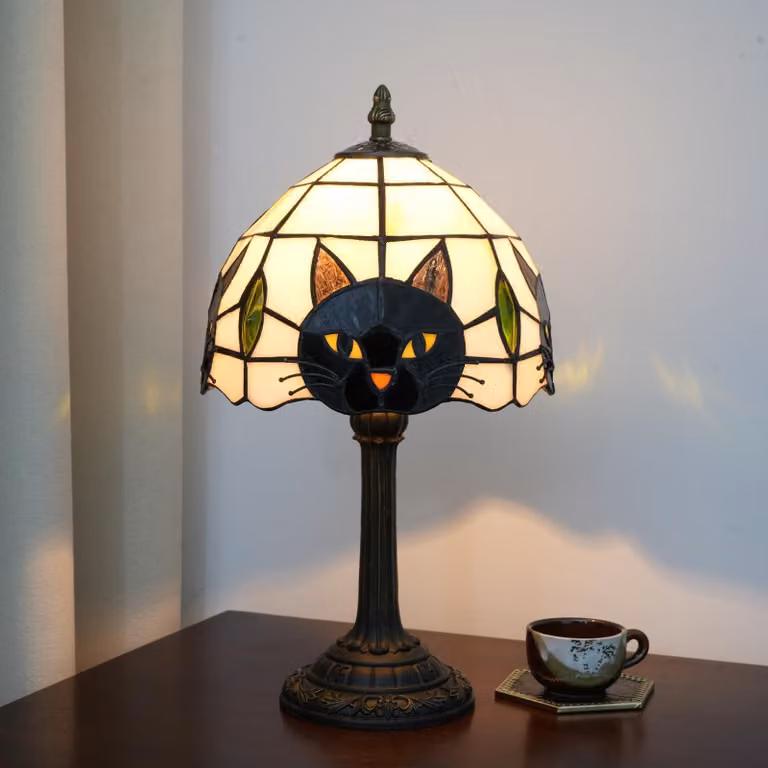 Lampada da tavolo - Stile Tiffany - Vetro colorato - Gatto nero - Compatta