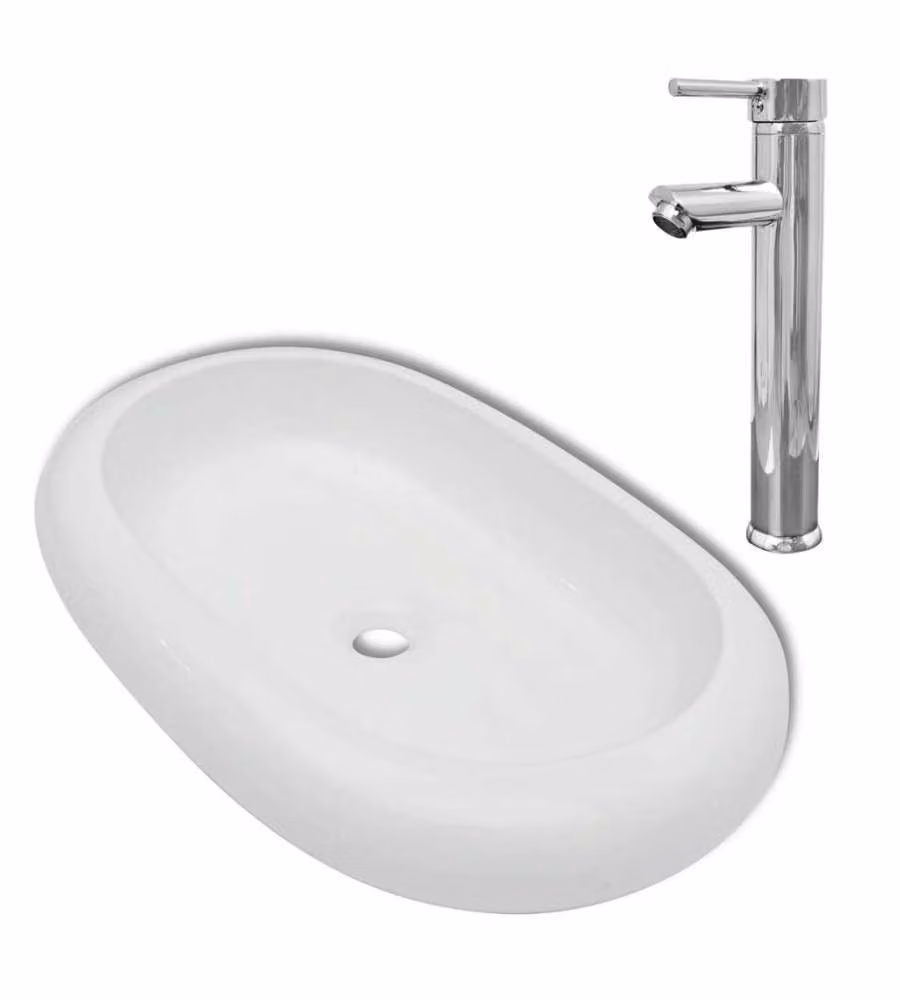 Lavello Bagno con Miscelatore in Ceramica Ovale Bianco
