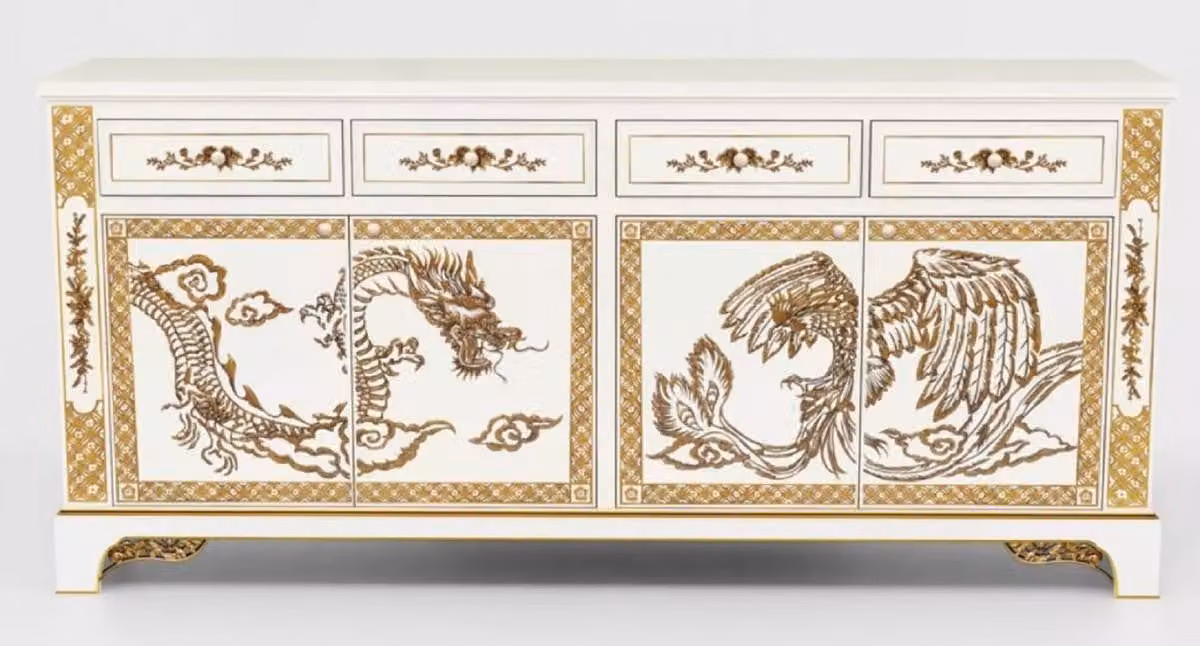 Casa Padrino credenza barocca in stile cinese bianco/oro - Mobile in legno massiccio in stile barocco con 4 cassetti e 4 ante - Mobili per sala da pranzo in stile barocco - Mobili per sala da pranzo in stile barocco