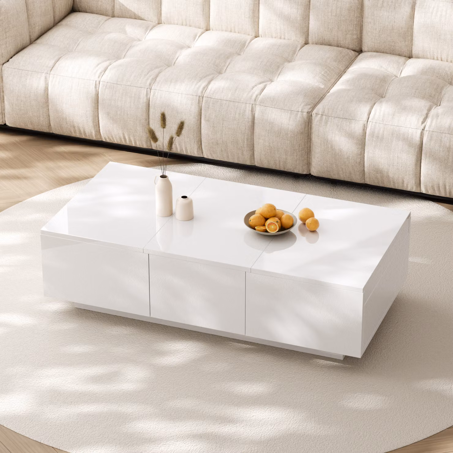 Tavolino Sweiko, tavolino da salotto lucido con struttura di contenimento push-pull, cassetti bifacciali