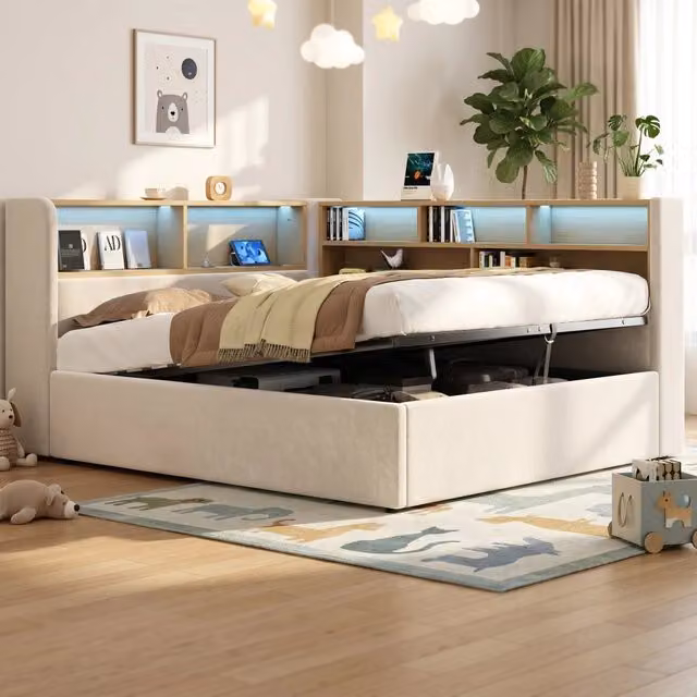 Letto imbottito contenitore idraulico 140x200 ¨C Minimal ¨C velluto beige con LED USB