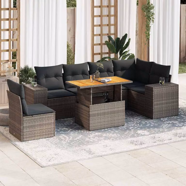 Set da giardino vidaXL in polyrattan grigio composto da 7 pezzi con cuscini e tavolino da esterno