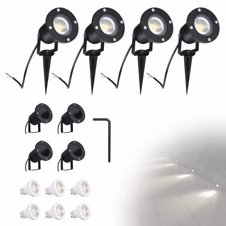 Set di 4 faretti LED GU10 da esterno, 5W, con picchetto da terra, impermeabili